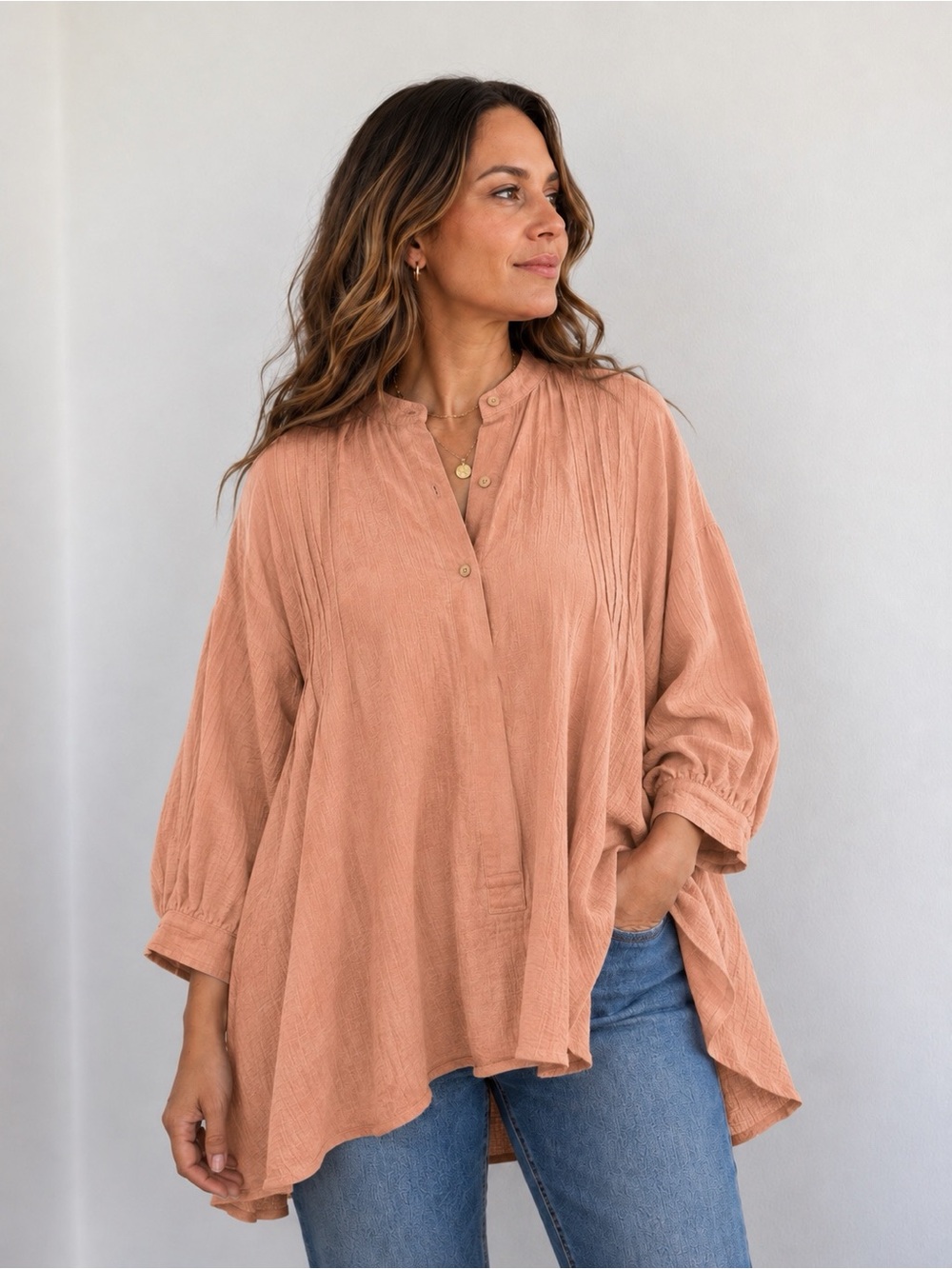 Noflik NWT 100% Relaxed Oversized Peach Half Button-Up Tunic Top Size M